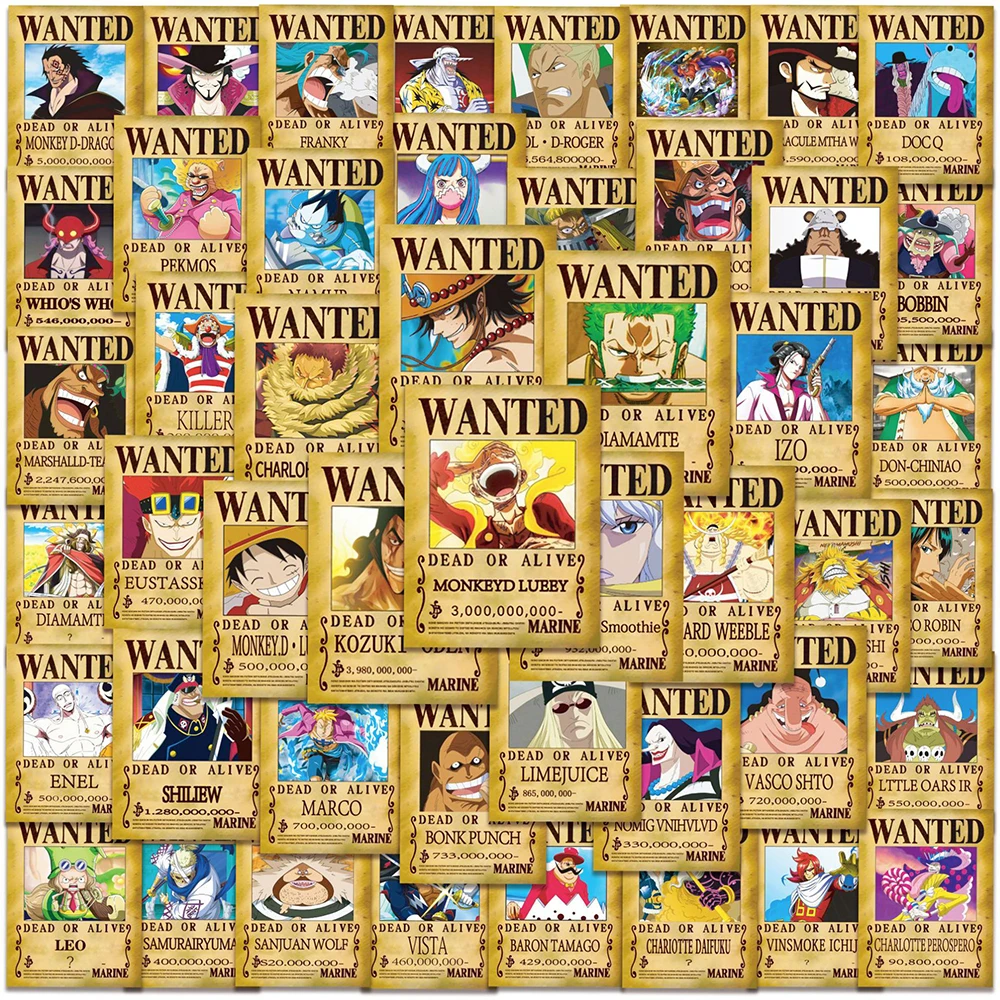 10/30/50pcs Cool Anime One Piece Wanted Posters Stickers Cartoon Luffy Zoro Waterproof Decals Notebook Water Bottle Kid Sticker