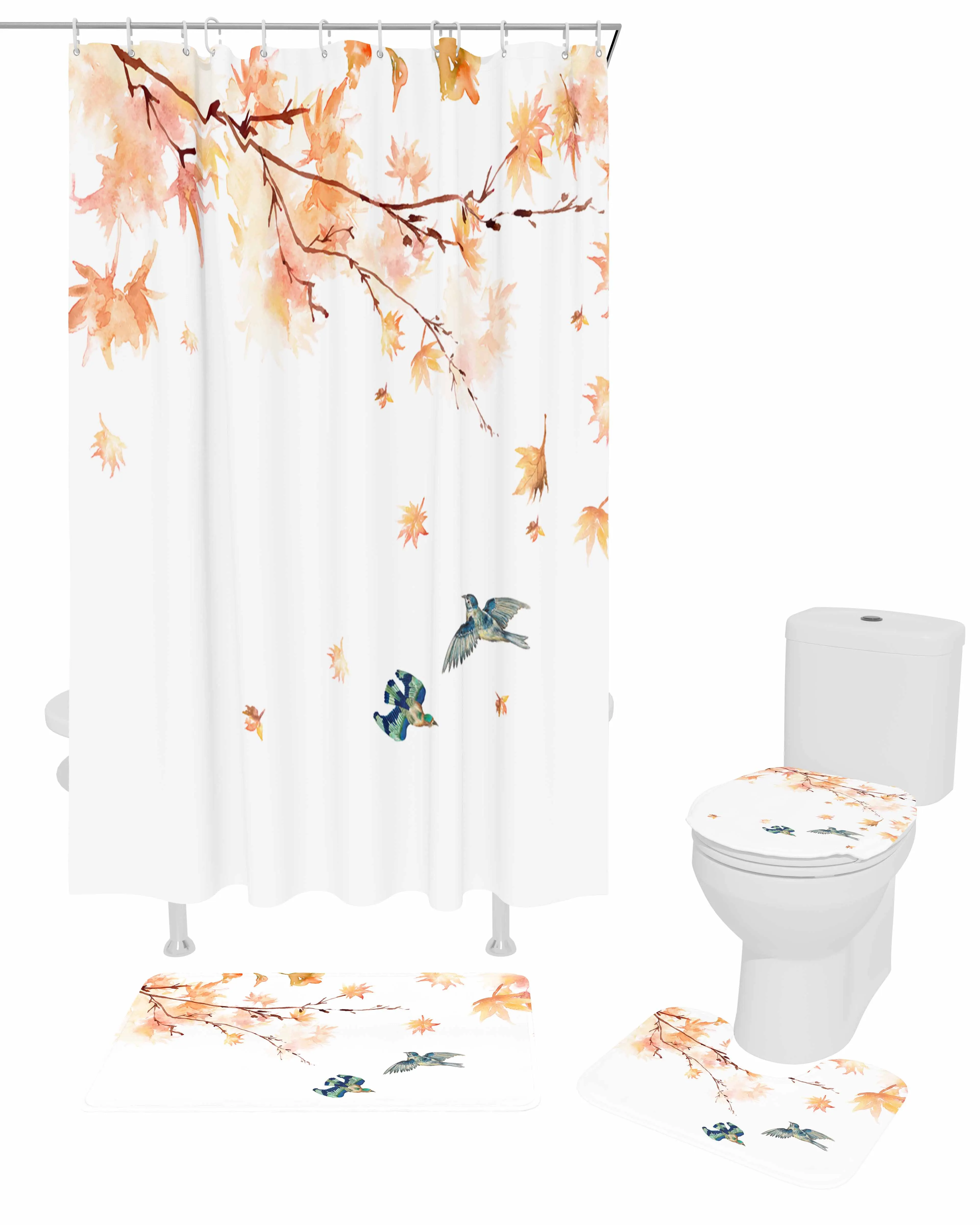 Maple Leaves Branches Birds Shower Curtain Set Non-Slip Rugs Bath Mat Toilet Lid Cover Waterproof Bathroom Curtain