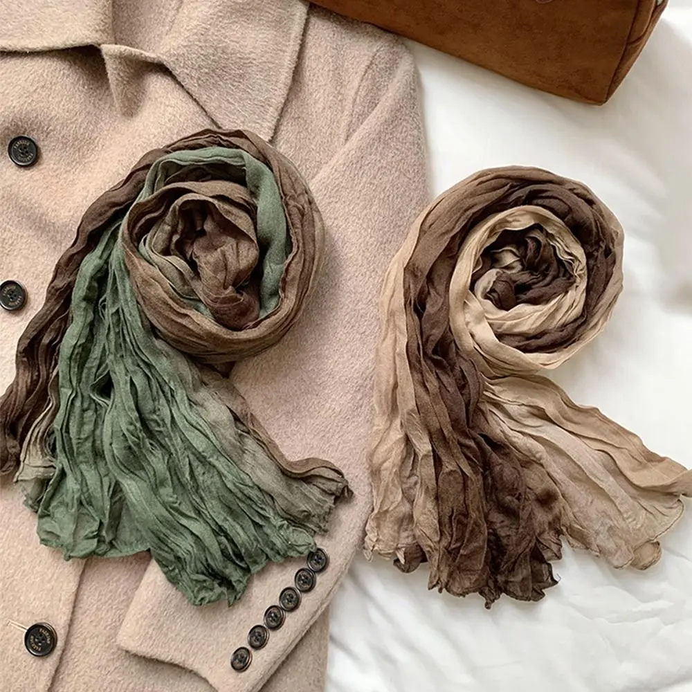 Bohemian Women's Long Pleated Shawl Windproof Warm Gradient Texture Scarf Gradient Color Color-blocked Bandana Shawl Wraps