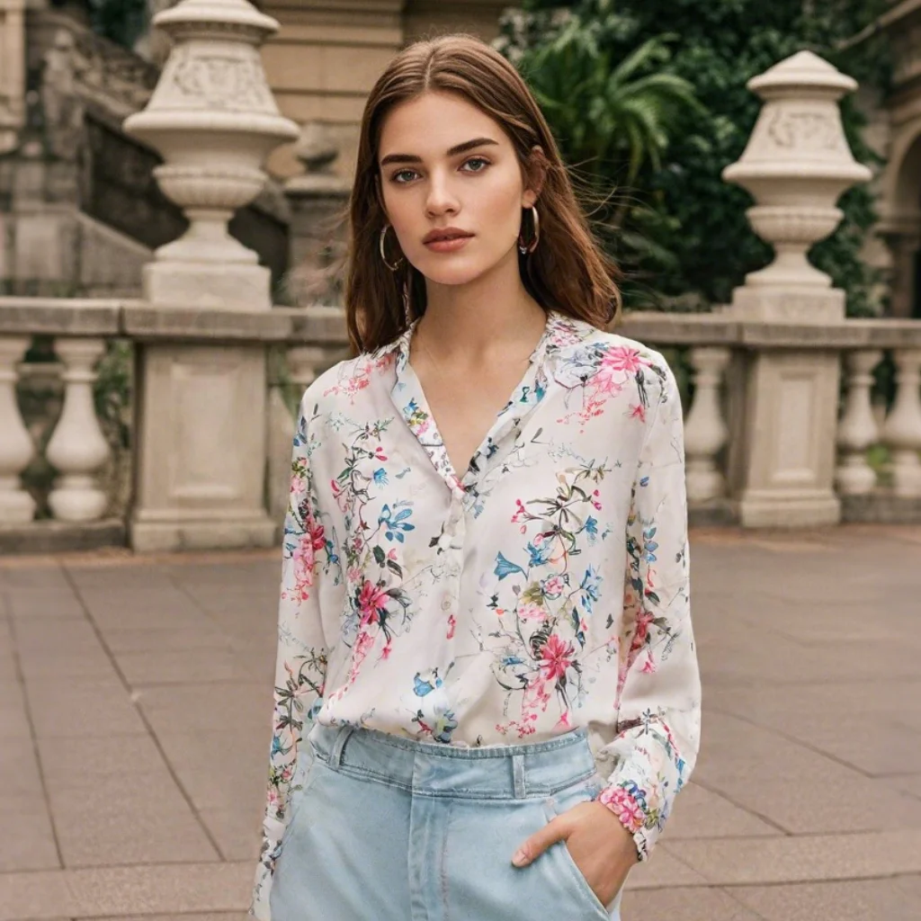 

2025 New Women's Long Sleeve Collared Shirt with Button - front Design All - over Floral and Leaf Print for Daily Wear