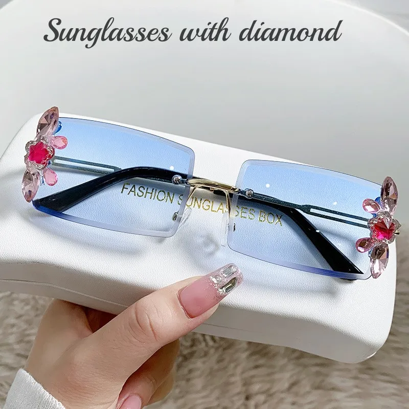 

Square Rimless Diamond Sunglasses Fashion Women Trendy Design Sun Shades Eyewear Ladies UV Protection Party Decoration Glasses