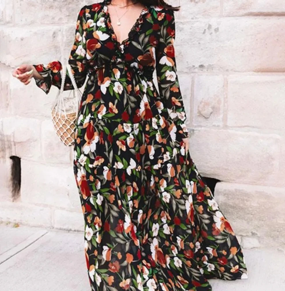 Abiti estivi con scollo a V stampati di nuova moda per le donne Streetwear Trend Elegante abito lungo da fata a maniche lunghe Abbigliamento femminile