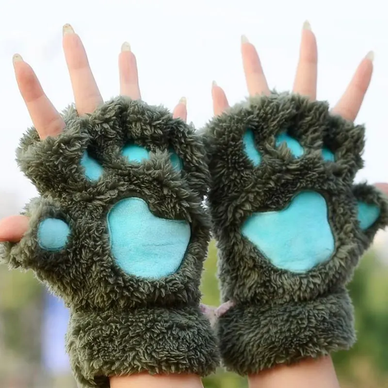 Winter Faux Fur Gloves Women Bear Plush Cat Claw Gloves Cute Kitten Fingerless Mittens Soft Plush Short Fingerless Fluffy Glove