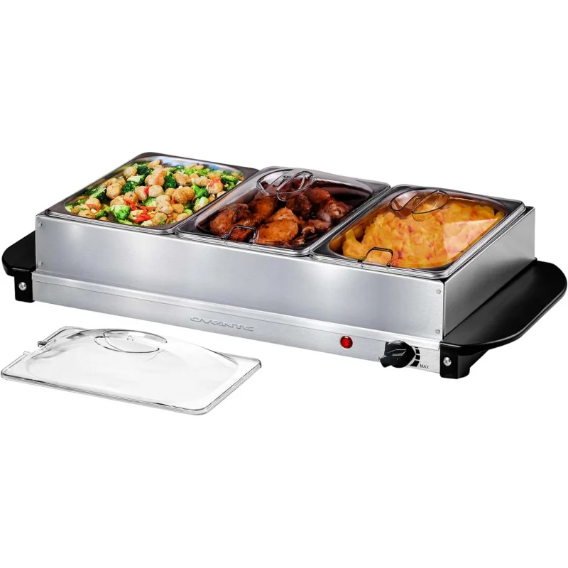 Electric Buffet Server and Food Warmer, Three 1.5 Quart Chafing Dish Set with Stainless Steel Warming Tray Perfect for Holidays