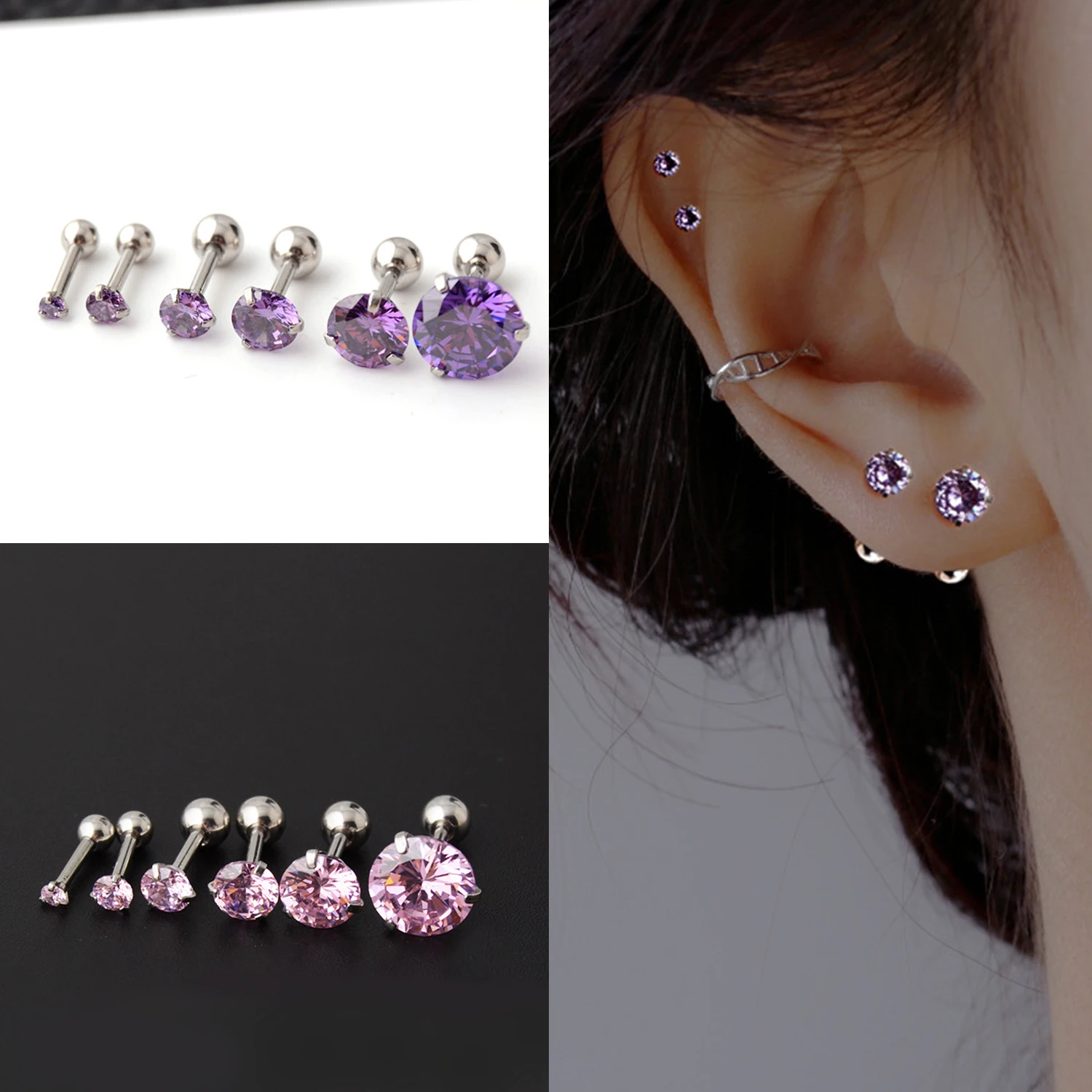 1 piece Stainless steel 3 Prong Zircon Ear Studs Earrings For Women/Men Tragus Cartilage Standard Lobe Daith Piercing Jewelry