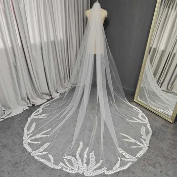 Velos de novia de encaje con hojas de lentejuelas brillantes, 1 capa, 3M de largo, velo de novia de color marfil, accesorios de boda personalizados