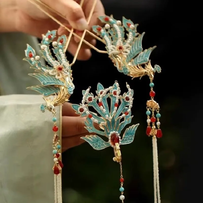 Women's Hairpin Blue Phoenix With Beaded Fringe Chinese  Headwear