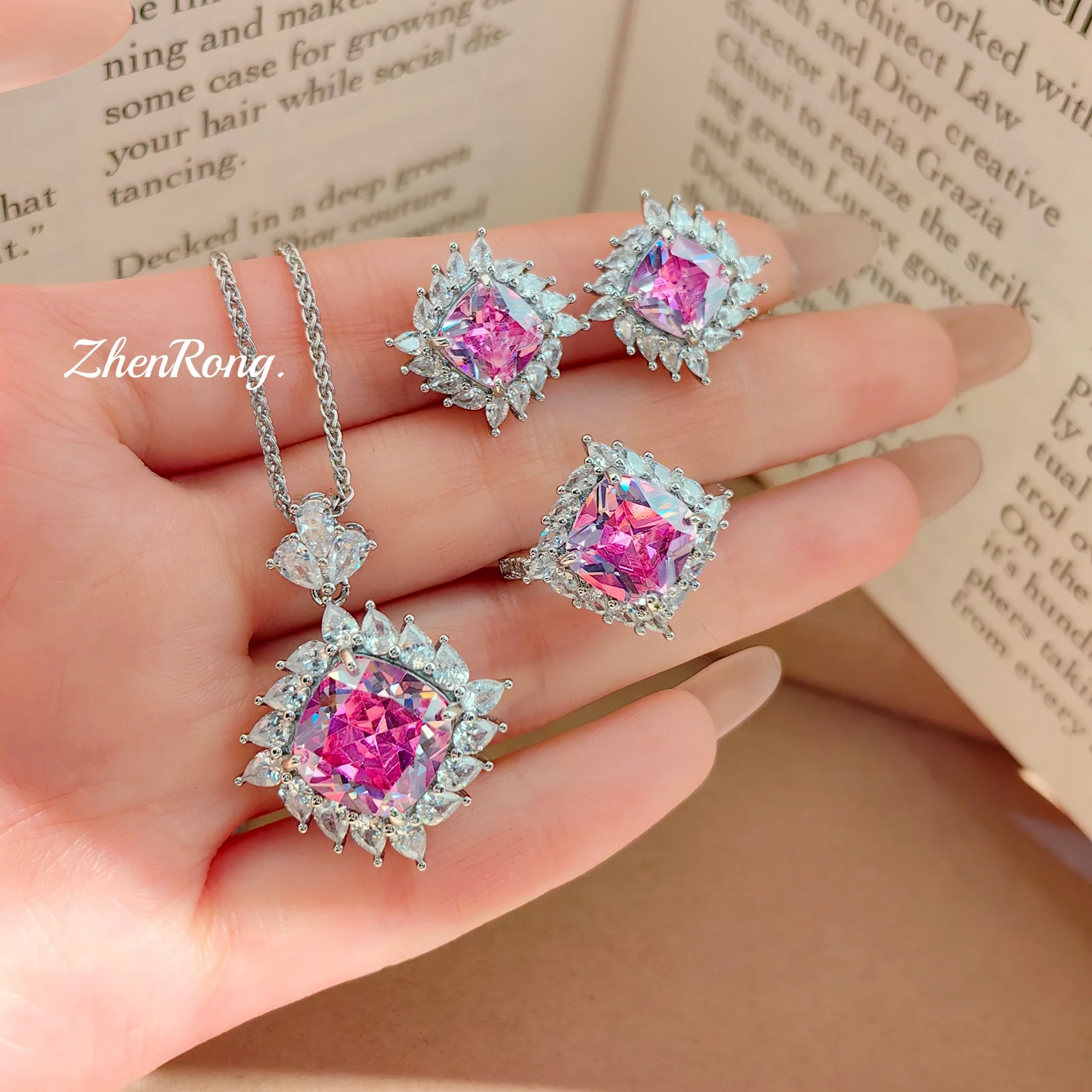 S925 Sterling Silver Jewelry Sets with Square Rose Red Diamond Femininity Pendant Stud Earrings and Colorful Treasure for Women