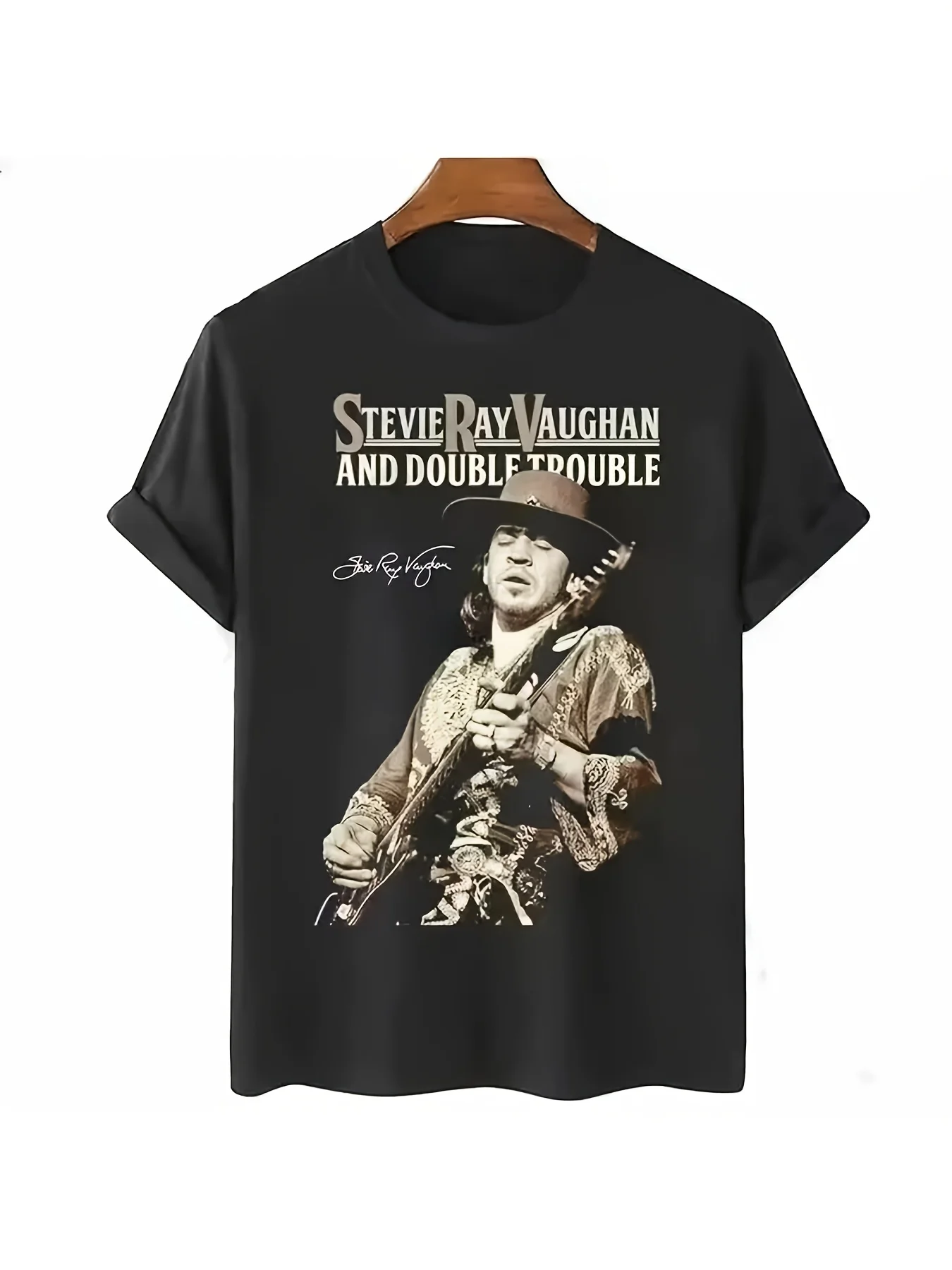 Unique Pattern Black T-Shirt - Roll Sleeve Design, Metallic Font and Monochrome Guitar Illustration - Fashion Casual T-Shirt for Music Lovers, Perfect for Everyday Wear or Concerts - Comfortable Fabric, Easy All Day