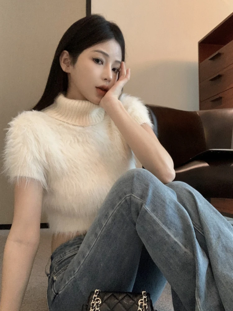 Turtleneck Cropped Sweater Women\'s Clothing Sueter Mujer Long Sleeve Casual Fashion Knitting White Pullovers Y2k Tops Pull Femme