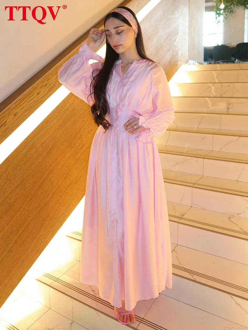 

TTQV Fashion Loose Pink Women's Dress 2026 Autumn V-Neck Long Sleeve Ankle Length Dresses Elegant Classic Pleated Female Dress