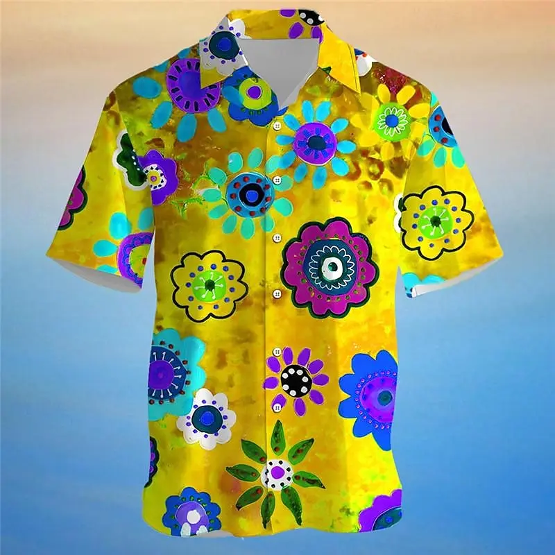 Floral Men\'s Vacation Hawaii 3D Printed Shirt Outdoor Hawaiian Vacation Summer Cuffed Short Sleeve Yellow Shirt