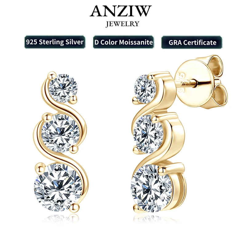 

Anziw 18K Gold Plated 1.80CTTW. VVS1 Round Moissanite Drop Earrings Studs Real 925 Silver for Women Wedding Party Gift 2024 New