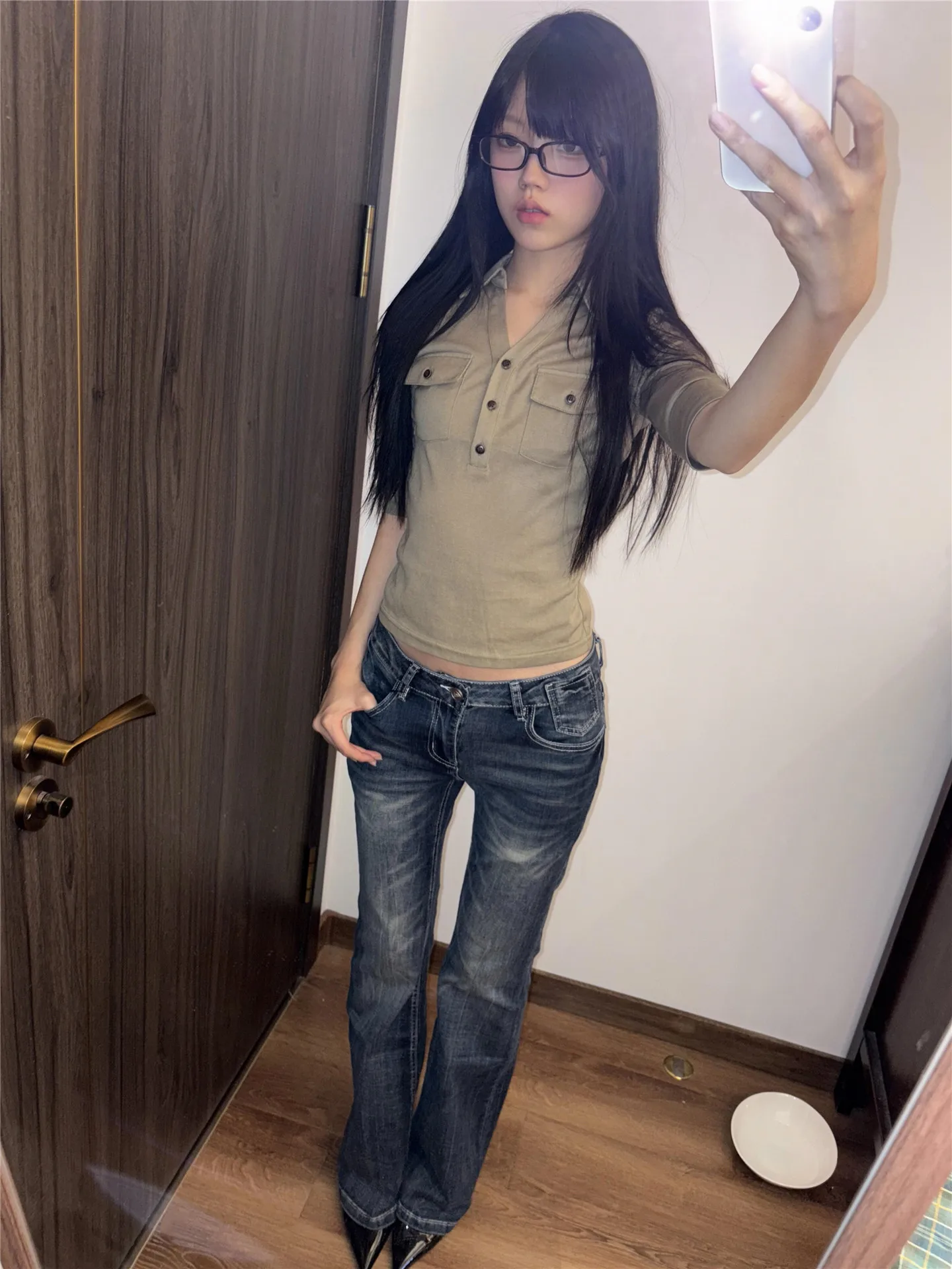 

Retro Blue Spicy Girl Low Waist Flared Jeans Women Summer Slimming Long Floor-Length Pants American Style Cotton Casual