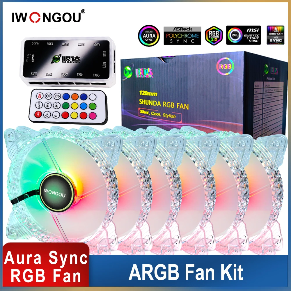 IWONGOU 컨트롤러 포함 팬 Argb Aura 싱크 저소음 환풍기 쿨러, Rgb Pwm 6 핀 게임 음소거 Ventoinha 쿨러, 120mm