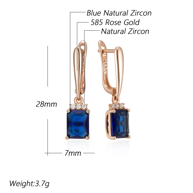 Kinel Unusual Shiny Square Blue Natural Zircon Drop Earrings for Women Luxury 585 Rose Gold Color Party Daily Fine Jewelry Gift