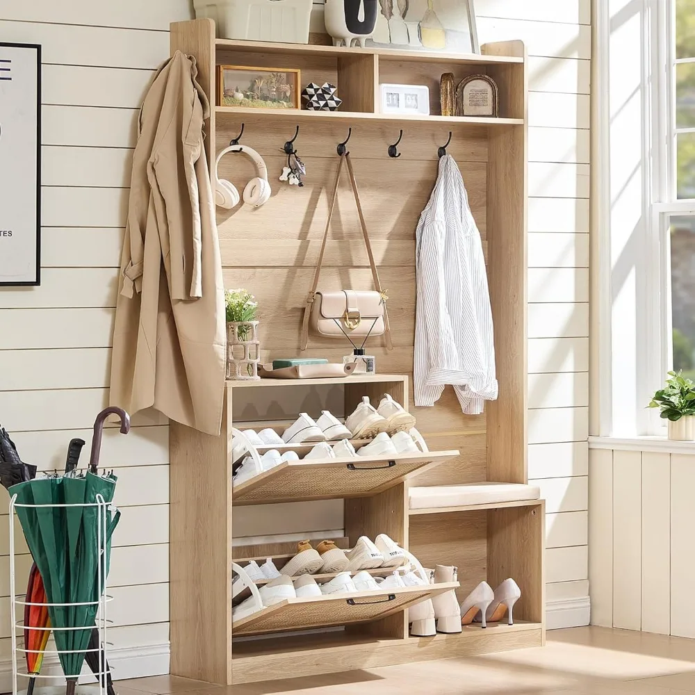 

LEYAOYAO 78 Tall Boho Hall Tree with Bench & Shoe Storage, 4-in-1 Mudroom Coat Rack with 2 Flip Rattan Drawers & Cushioned Stool