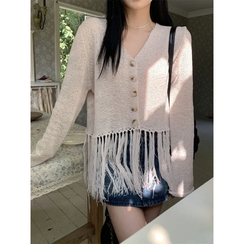 

Tassel Knitted Cardigan Women's 2025 New Breathable Air-conditioning Shirt Design Short Top