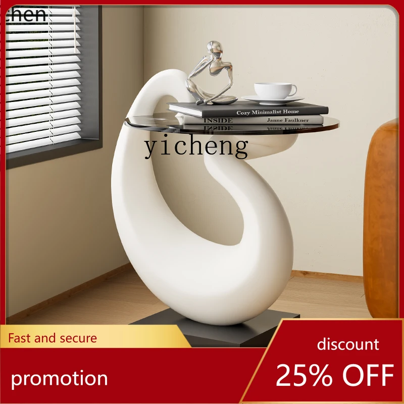 

HT Artistic White Swan Edge Geometric Creative Light Luxury High-End Sofa Side Table French Style Floor Marble Tray