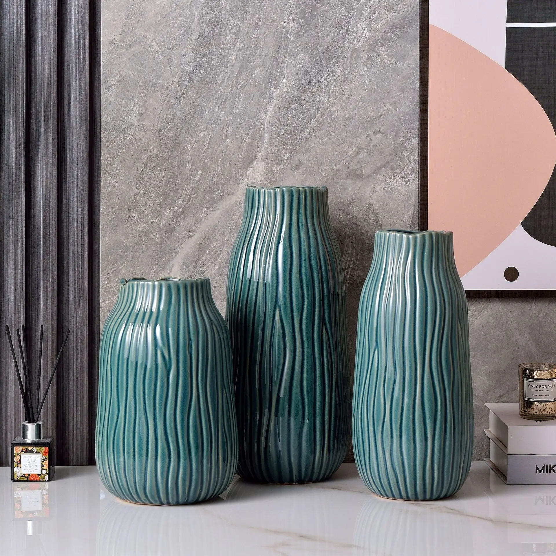 Modern Ice Crackle Ceramic Vase Set for Home Décor - 3 Pieces, Simple and Elegant, New Chinese Style