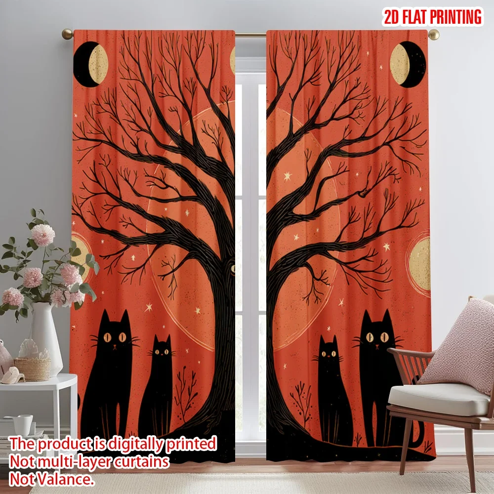 

2D flat printing 2pcs Party Curtain Halloween Night Cats Digital Printed Polyester Drapes All Season Party & Holiday Decor Use