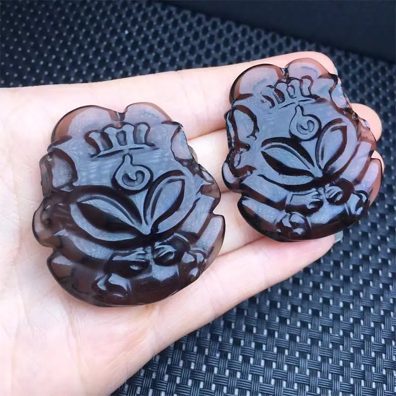 2PCS Natural Clear Obsidian Nine-tailed Fox fairy pendant Healing Gemstone Carved Figurine Gift Fashion Jewelry For Women 45MM