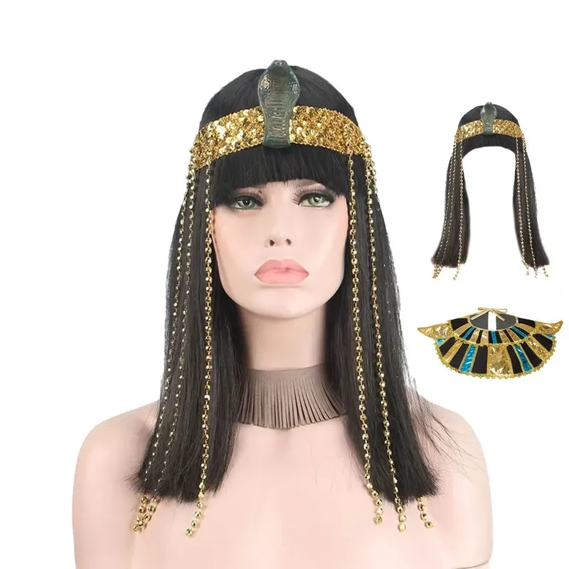 

Cleopatra Egyptian Queen Wig and Beads Fringe Snake Headband Straight Hair Wig Egypt Neck Collar Halloween Cosplay Accessories