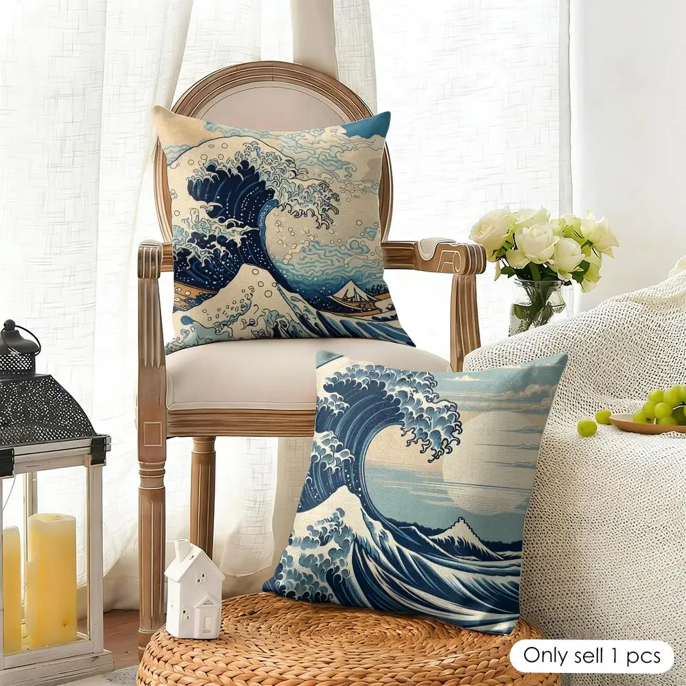 Japanese Anime H-Hokusai Cushion Cover Organic Linen Square Pillow Case Durable Non-Allergenic And Kind To Skin