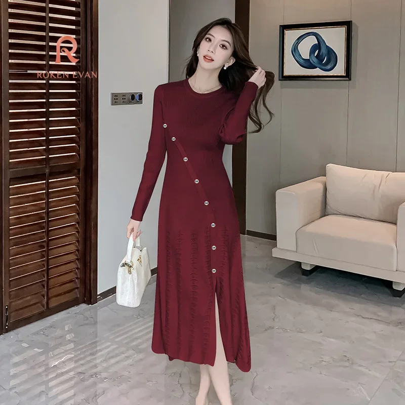 ROKEN EVAN 2024 Metal Buckle Knited Long Dress Front Slit Flared Bottom Elegant High Street Stunning Fashion Design Trendy S