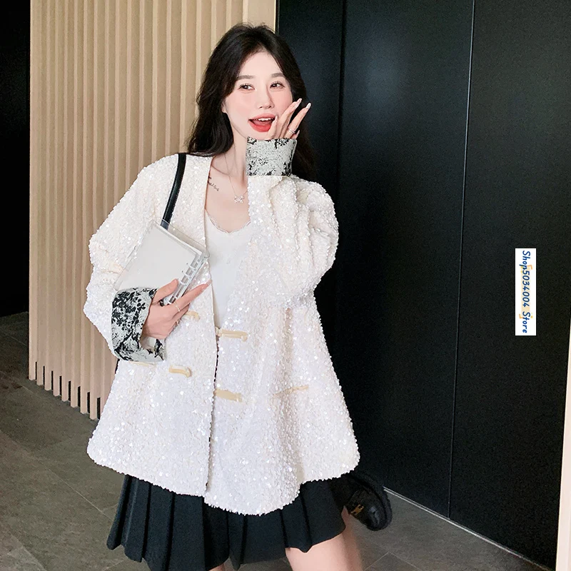 

Cuff Spliced V-neck White Sequins Jackets Women Outerwear Spring Autumn Elegant Chic Loose Casual Chinese Coat Female C8811