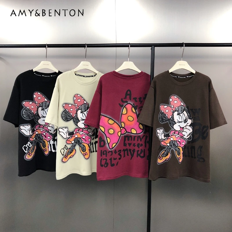 

Popular Brand High Street Loose Tees Fashion Heavy Beaded Cartoon Front And Back Print Mid-Length Brushed Short Sleeves T-shirts