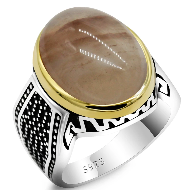 S925 Sterling Silver Men's Handmade Ring Natural Quartz Stone Türkiye Couple Ring Vintage Festival Party Men's Ring