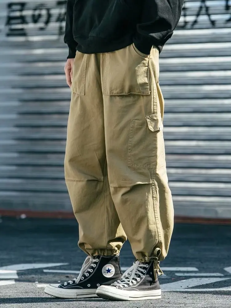 

Loose Wide Leg Cargo Work Pants Men's Hip Hop Sle Nine Points Dstring Trousers Trendy Casual Cotton Canvas Trousers