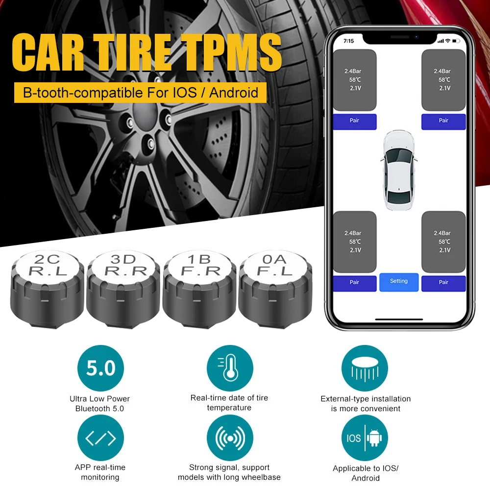 

Tire Pressure Alarm Bluetooth-Compatible TPMS Tire Pressure Monitoring System External Sensors For Android/IOS Car Motorcycle