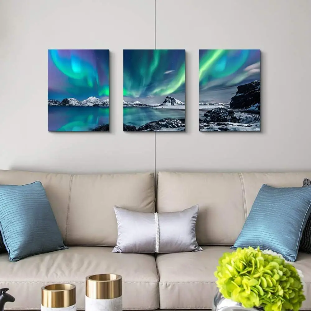 Art modern high definition home decoration painting triptych aurora landscape art canvas painting