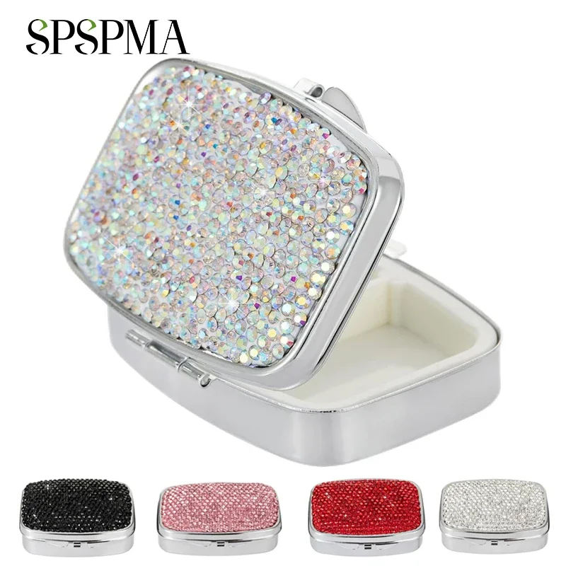 SPSPMA 1Pcs Bling Crystal Pill Box, Portable 2 Compartments Daily Pill Organizer, Small Travel Pill Case for Purse or Pocket