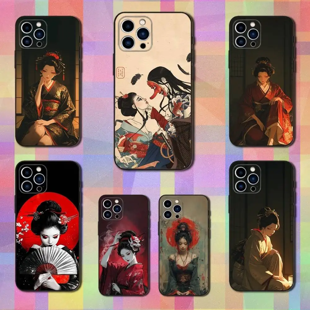 

Geisha Woman Japanese Phone Case For iPhone 16,15,14,13,12,11 Plus,Pro Max,XS,X,XR,SE,Mini,8,7,Soft Silicone Black Cover