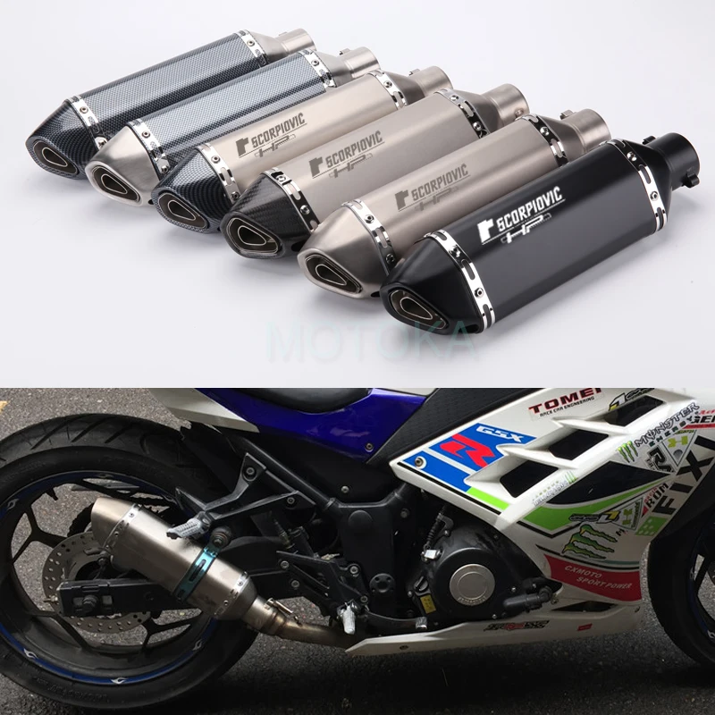 Universal Motorcycle Modified Exhaust Pipe PCX 125 Nmax 155 RC390 MT07 FZ6 R6 CBR300 Z900 370mm Carbon Fiber Tip Scooter Slip-on