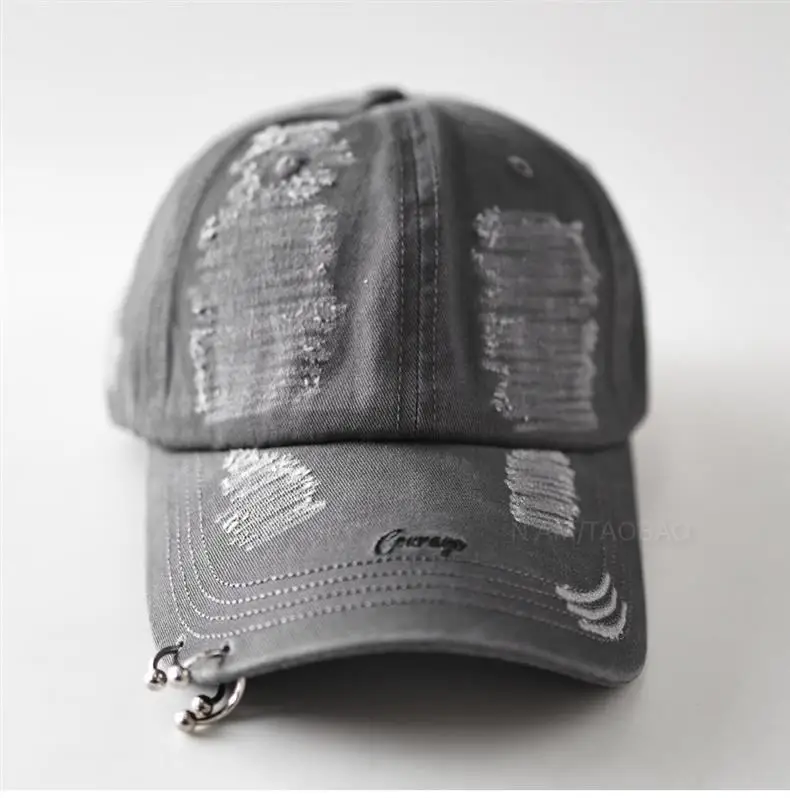 Unstructured Cotton unisex Baseball Cap with Distressed Frayed Design and Metal ring on brim dad hats for men and women