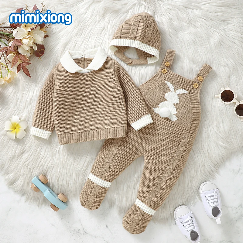 

Одежда для новорожденных, вязаные свитера с милым кроликом для маленьких мальчиков и девочек, пуловеры + комбинезоны + шапки, комплекты одежды, костюмы из 3 предметов для малышей