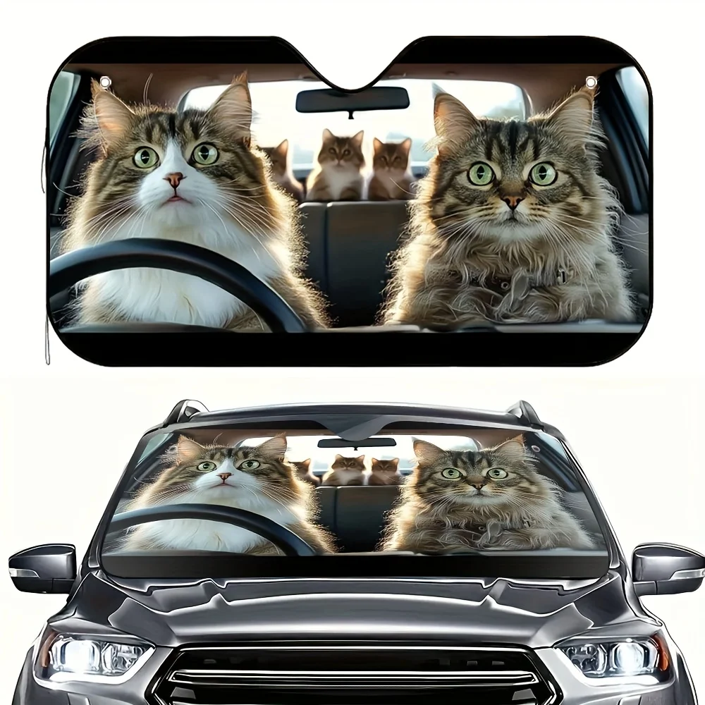 

[1 шт. Солнцезащитный козырек для автомобиля с изображением кота] Складной автомобильный солнцезащитный козырек с принтом кошачьей поездки — стильный полиэстер, 1 шт., простая установка с 4 присосками