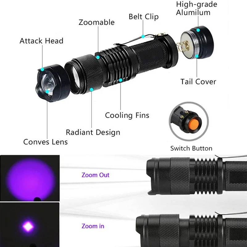 LED UV flashlight Mini flashlight with zoom function Mini UV black light pet urine stain detector