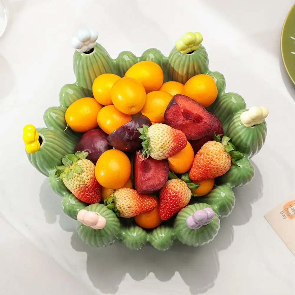 Creative Design Cactus Fruit Bowl Stainless Steel Forks Nordic Style Ceramic Cactus Plate Reusable Easy To Clean