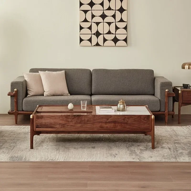 

North America Black Walnut Light Luxury Stone Plate Push-Pull Coffee Table Living Room Rectangular Tea Table