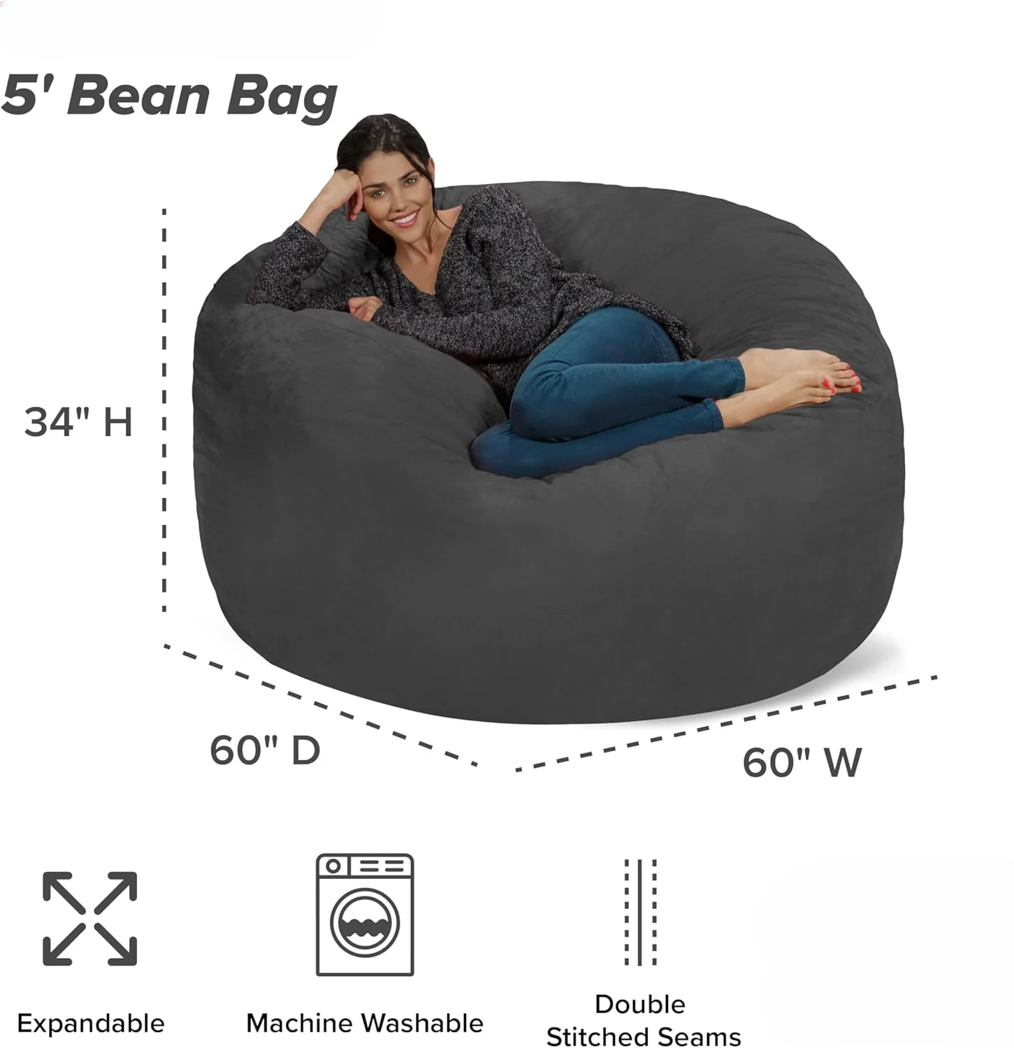 Silla tipo Bean Bag, mueble gigante de espuma viscoelástica, sofá grande con funda de microfibra suave, carbón vegetal