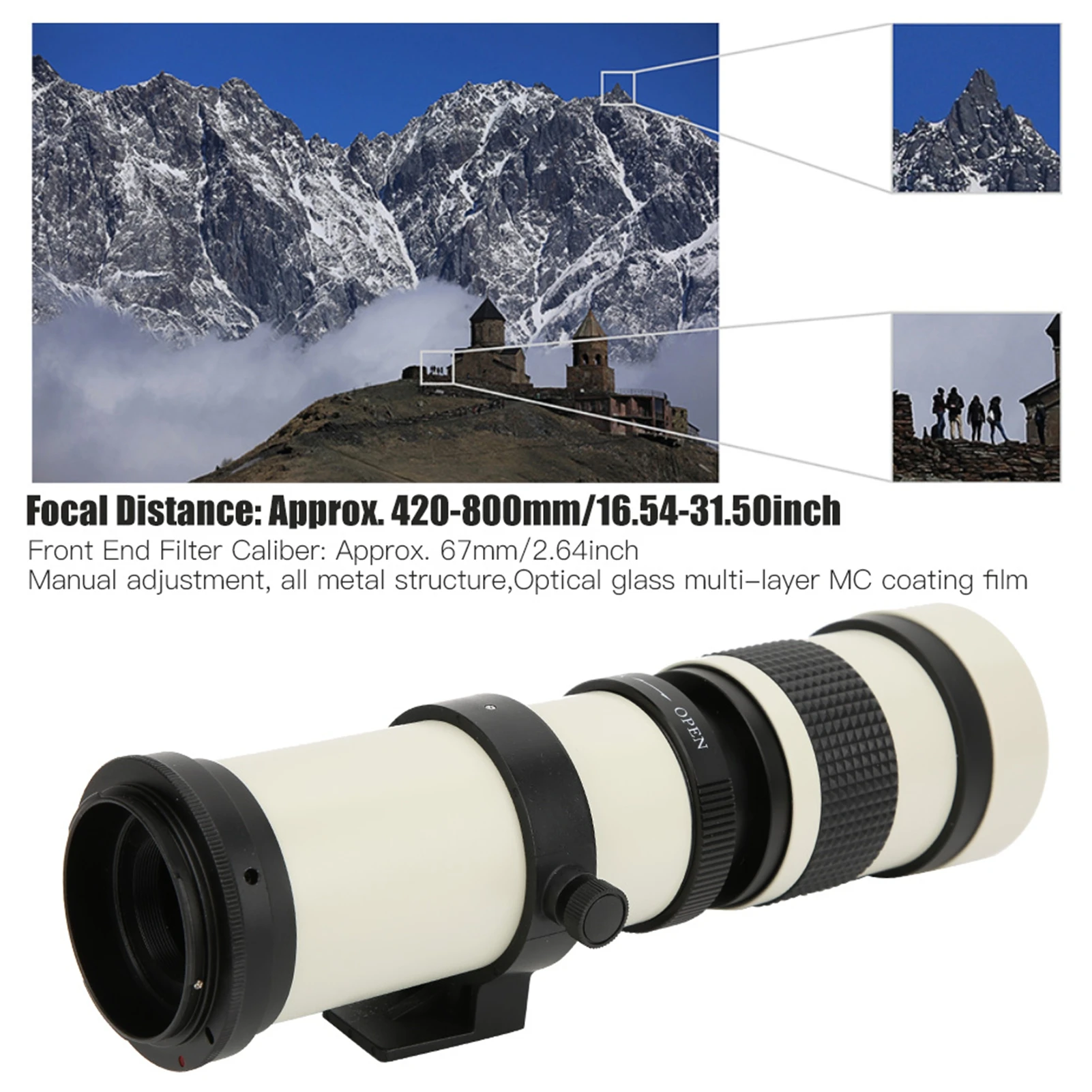 Lens Manual Zoom Lens White 420800mm Aperture F 8.316 Full Manual Focusing Telescope Zoom Telephoto Lens for EF‑S Mount Camera