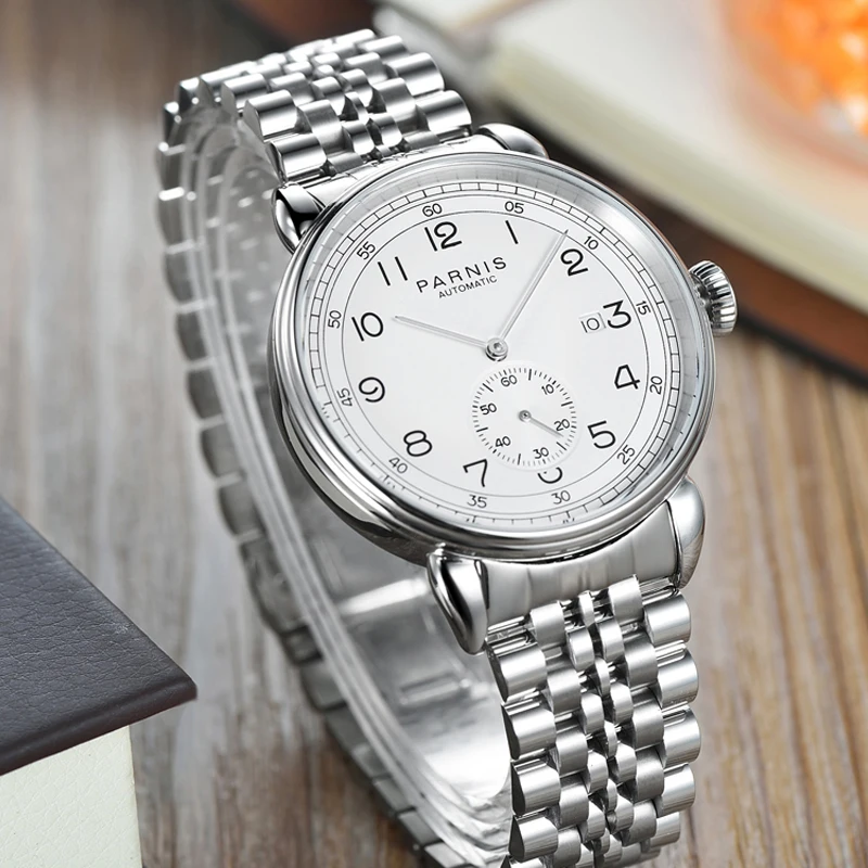 Fashion Parnis 42mm Silver Case Automatic Mechanical Men\'s Watches Steel Strap Calendar Men Waterproof Watches reloj hombre Gift