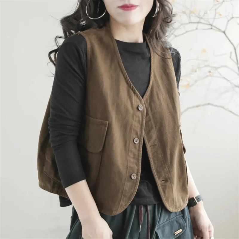 Female Leisure Loose Waistcoat Tops Korean Women Fashion Short Waistcoat Coat Spring Autumn Lady Cardigan Sleeveless Jacket