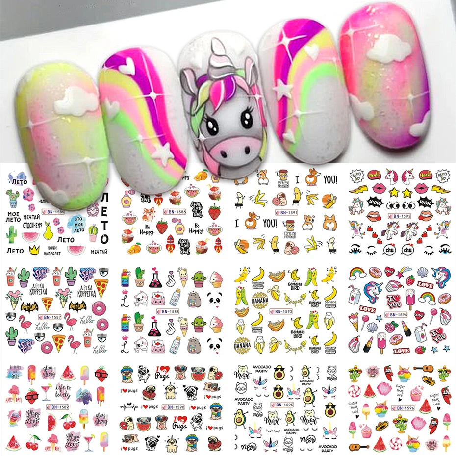 12pcs Unicorn Sticker Avocado Banana Watermelon Ice Cream Cherry Dog Cute Cartoon Water Sliders Manicure Decals Accessories JIBN