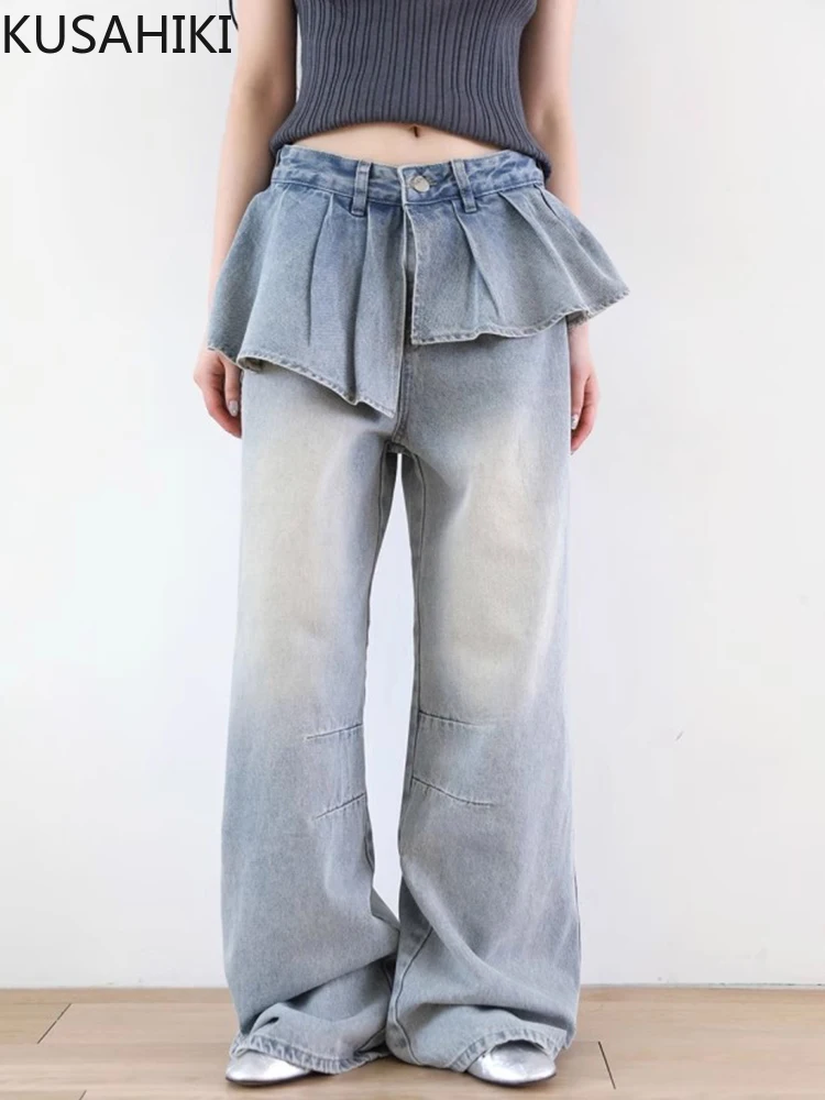 

KUSAHIKI Korean Chic Spring Demin Trousers French Asymmetric Ruffle Design High Waist Versatile Jeans Pants Women